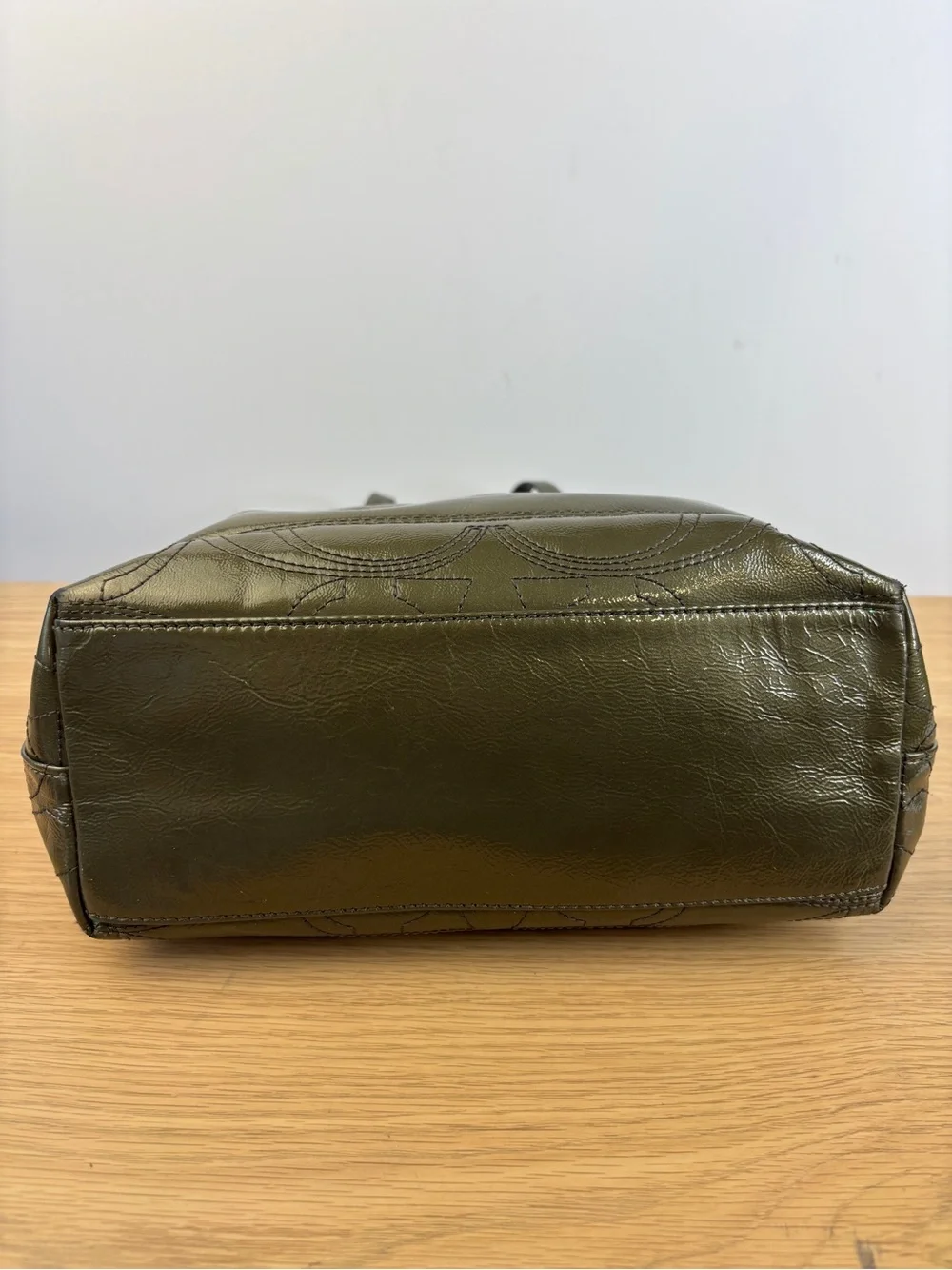 Coach‎ Signature Stripe Stitched Patent Leather Tote Olive Green 15142